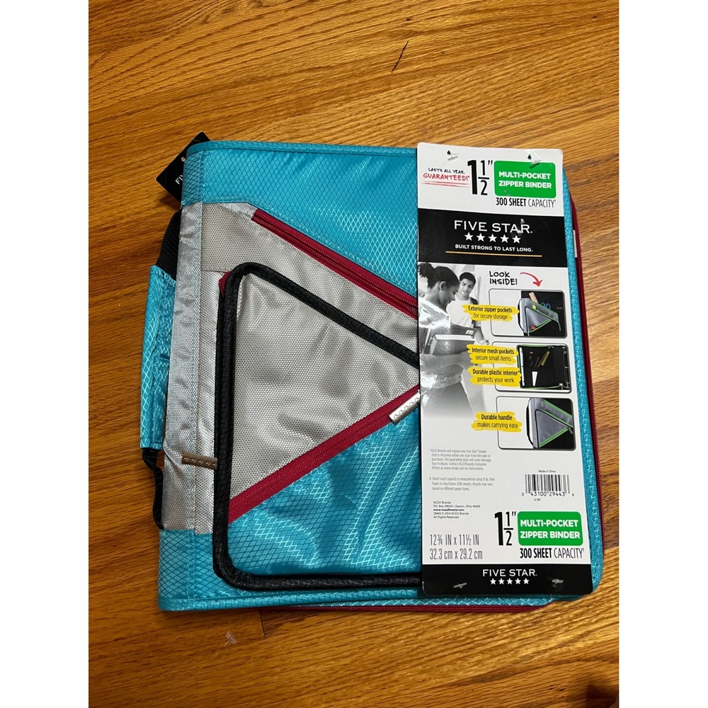 Mead Five Star Zipper Binder 1.5 Inch 300 Sheet Teal Silver Multi-Pocket New